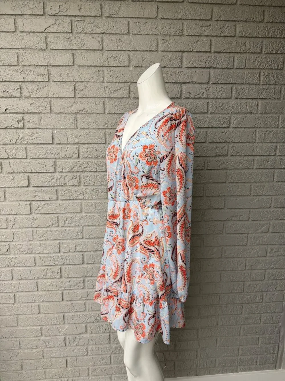 Jun & Ivy Women's Light Blue & orange Paisley Faux Wrap Mini Dress Size M